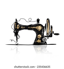Sewing Machine Retro Sketch For Your Design, Vector Illustration