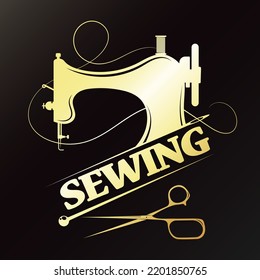 Sewing machine and scissors with a gold symbol needle. Design for sewing and cutting