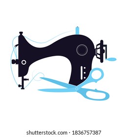 Máquina de coser y silueta de tijeras para coser. Icono de la máquina de coser vintage para el diseño web aislado en fondo blanco.	