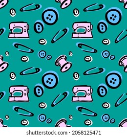 sewing machine. a set of fashion designer for sewing. tailoring studio  vector seamless pattern. pins, thread for needlework