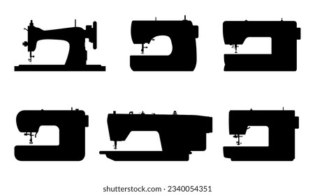 Iconos del conjunto de máquinas de coser aislados en fondo blanco. Dispositivos mecánicos para coser tela y crear prendas. Máquinas retro y modernas para coser. Equipamiento de una modista.