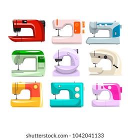Sewing machine set, modern machine in different colors vector Illustrations on a white background