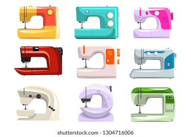 Sewing machine set, modern machine in different colors vector Illustrations on a white background