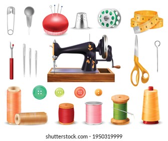 Sewing machine set with needles and scissors realistic isolated vector illustration