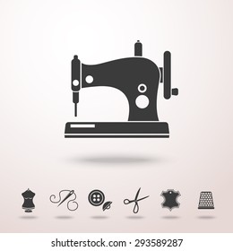 Sewing machine with shadow, and set of sewing icons - scissors, thread, leather tag, mannequin, needle, buttons, thimble. Vector