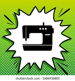 Sewing machine sign. Black Icon on white popart Splash at green background with white spots. Illustration.
