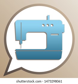 Sewing machine sign. Bright cerulean icon in white speech balloon at pale taupe background. Illustration.