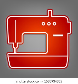 Sewing machine sign. Flat red icon with linear white icon with gray shadow at grayish background. Illustration.