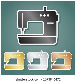 Sewing machine sign. Set of metallic Icons with gray, gold, silver and bronze gradient with white contour and shadow at viridan background. Illustration.