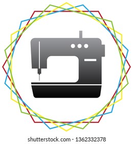 Sewing machine sign. Vector. Black icon with patch of light inside colorful hexagonal frames at white background.