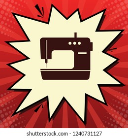 Sewing machine sign. Vector. Dark red icon in lemon chiffon shutter bubble at red popart background with rays.
