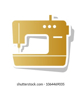 Sewing machine sign. Vector. Golden gradient icon with white contour and rotated gray shadow at white background.