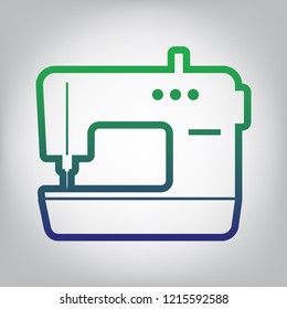 Sewing machine sign. Vector. Green to blue gradient contour icon at grayish background with light in center.