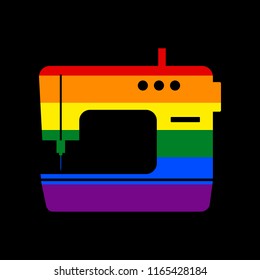 Sewing machine sign. Vector. Icon with colors of LGBT flag at black background.