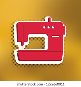 Sewing machine sign. Vector. Magenta icon with darker shadow, white sticker and black pop art shadow on golden background.