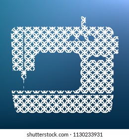 Sewing machine sign. Vector. White textured icon at lapis lazuli gradient background.