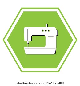 Sewing machine sign. Vector. White icon with black shadow at yellow green honeycomb on white background.