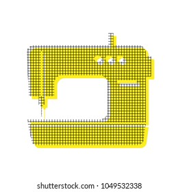 Sewing machine sign. Vector. Yellow icon with square pattern duplicate at white background. Isolated.