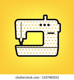 Sewing machine sign. Vector. Yellow polka dot white icon with black contour at warm yellow background.