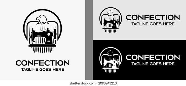 Nähmaschine mit Silhouette und Adler im Kreis mit Linien. Logo-Design-Vorlage für Schneiderei, Nähhandwerk, Textilindustrie, Konfetti und Kleidung. Vektorgrafik von Mode und Stoff