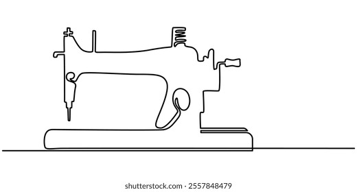 Sewing Machine Single Line Icon, Concept of needlework, continuous drawing in one line in minimalism. Scissors, sewing machine, spool of thread, needle. Editable vector contour, Tailor Made Continuous