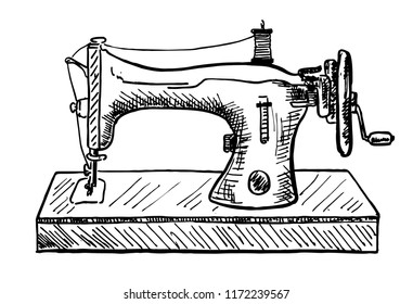 The sewing machine sketch. Old sewing machine. Hand drawn vector llustration