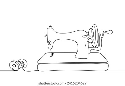 Sewing machine and spool of thread. Old manual sewing machine. Tailor's tool. Line drawing for different uses. Images produced without the use of any form of AI software at any stage. 