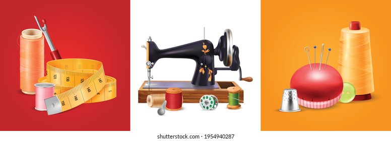 Sewing machine square set with needles and scissors realistic isolated vectors illustration