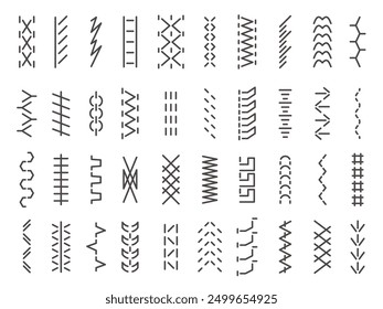 Sewing machine stitches. Embroidery zigzag straight overlock and fringe details, sewing textile ornament and seam structure. Vector isolated set. Stitch pattern thread borders, needlework texture.