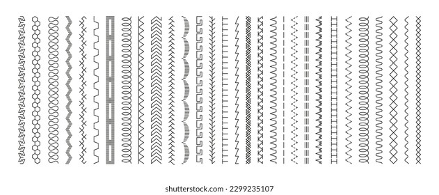Sewing machine stitches. Stitching seam line, textile embroidery stitch border, binder seams, thread stripe, seamless pattern brushes. Vector set. Dressmaking details, lace dividers collection