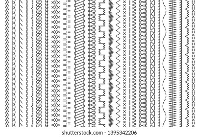 Sewing machine stitches. Stitching seams, stitched sew seamless pattern brush and embroidery sews stitch vector illustration set