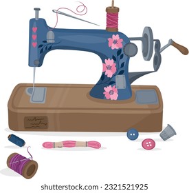 Nähmaschine und Zubehör im Cartoon-Stil. Retro-Nähvektor