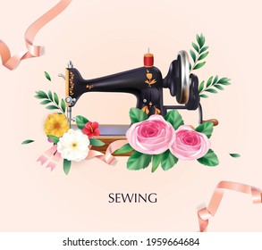 Sewing machine and tailoring background with flowers thread and ribbon realistic vector illustration