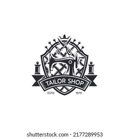 Sewing machine and tailoring clothes, logo design template. Tailor shop, tailoring craft and textile production, Fashion and clothes on white background vector illustration