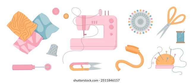 Máquina de costura com fio, peças de tecido, tesoura, dedal e almofada de pino. Ilustração bonita de acessórios sob medida para projetos de bordados artesanais. Ferramentas essenciais para costura e artesanato.