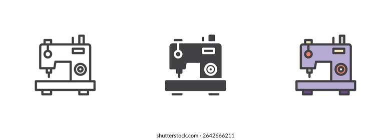 Sewing machine toolbox icon set in line, solid, and colorful filled outline styles. Represents portable sewing kits with accessories for repairs and garment crafting.