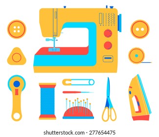 A sewing machine, tools and accessories for sewing. Flat vector illustration.