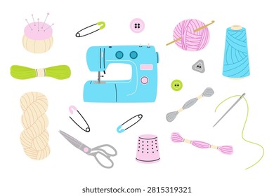 Sewing machine with various tailor tools including thread spools, yarn skeins, scissors, thimble, and safety pins for craft and hobby projects on white background