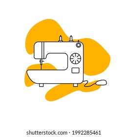 Sewing machine vector icon on yellow background. Electric appliances vector in black line style. Doodle illustration