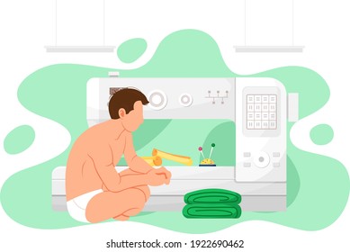 Ilustración vectorial de máquina de coser. Adaptación personalizada con equipo especial. El tipo de traje de baño después del baño está mirando la pila de tela verde. Hombre descansando mientras hace ropa en estudio o taller