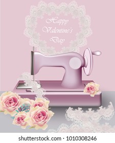 Sewing machine Vintage decor. Retro provence Vector rose flowers