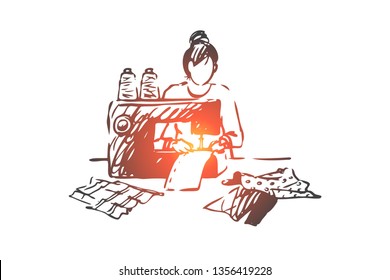 Sewing Machine, Woman, Fabric, Textile, Clothing Concept. Hand Drawn Woman Sews On A Sewing Machine Concept Sketch. Isolated Vector Illustration.