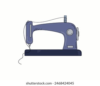 Sewing machine. Working tool for needlework. Sewing, handmade, hobby sign. Drawing, doodle. Vector illustration, white isolated background.
