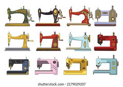 Sewing machines collection in various design forms and different colors. Retro and modern machines for sewing. Colorful equipment set of dressmaker. Vector illustration in flat style