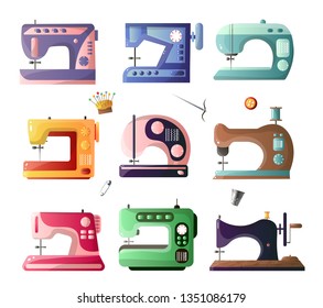 Sewing machines with different options set isolated on white background