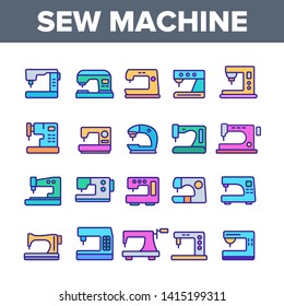 Sewing Machines, Tailor Equipment Vector Linear Icons Set. Sewing, Stitching Modern And Vintage Machines Outline Symbols Pack. Dressmaker Workshop, Clothing Industry Isolated Contour Illustrations