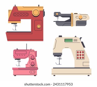 Sewing machines vector cartoon set isolated on a white background.