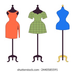 Sewing mannequin with clothes 2D linear cartoon objects set. Women outfit on dummies isolated line vector elements white background. Fashion store business color flat spot illustration collection
