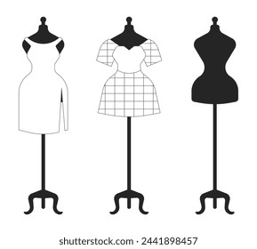 Sewing mannequin with clothes black and white 2D line cartoon objects set. Women outfit on dummies isolated vector outline items collection. Fashion store monochromatic flat spot illustrations