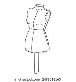 Sewing mannequin line icon. Hand drawn retro tailors dummy on stick for female clothing display in boutique, ateliers and dressmakers tool. Fashion mascot, doodle mannequin icon vector illustration